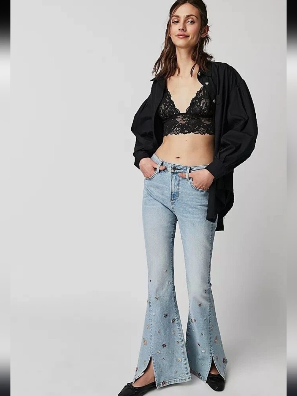 Free People Driftwood Farrah Flare Slit Floral Embroidered Jeans 42 Altered